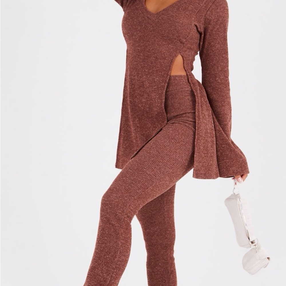 PrettyLittleThing Brown Knit Flare Leggings Set